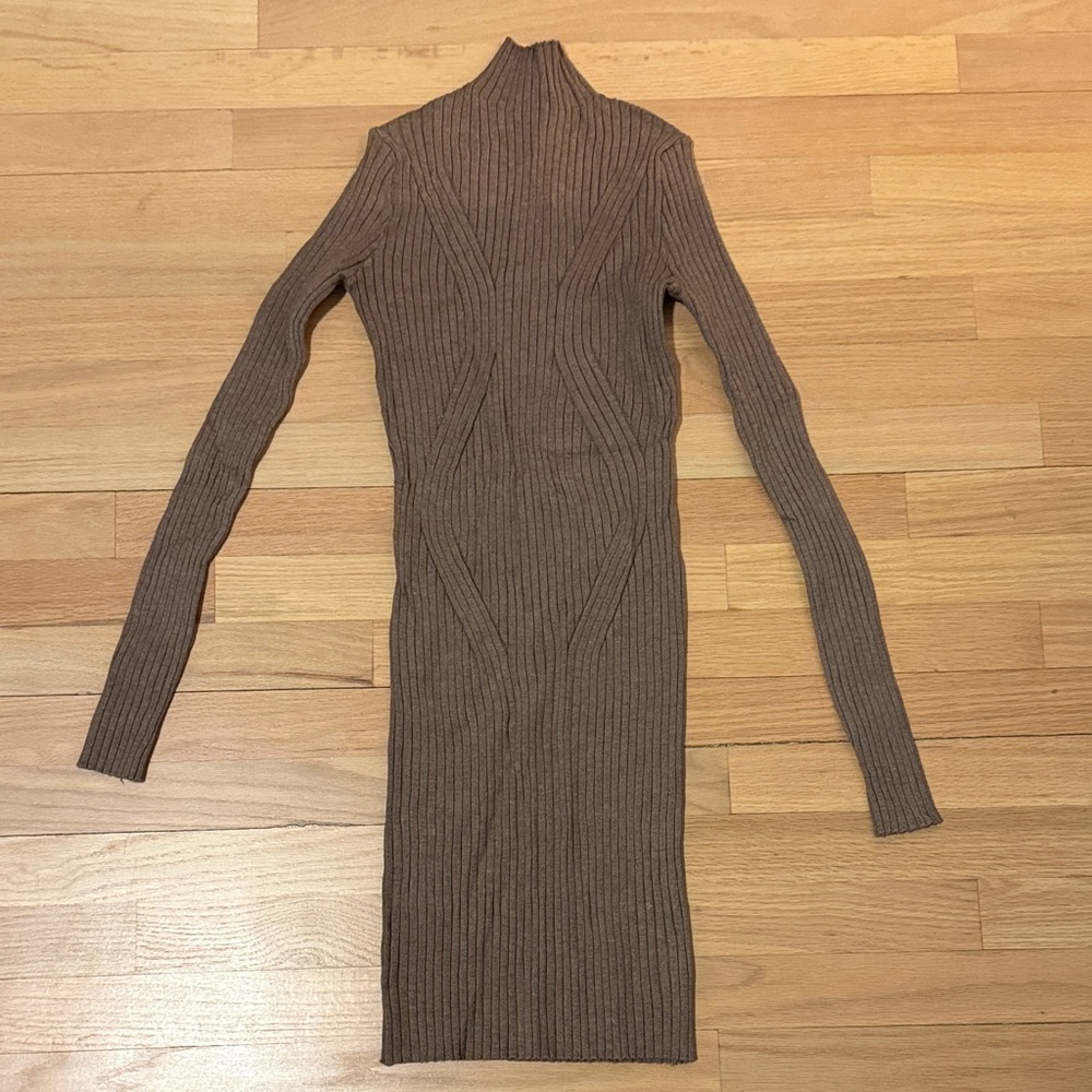 Lulu's Taupe Ribbed Long Sleeve Dress